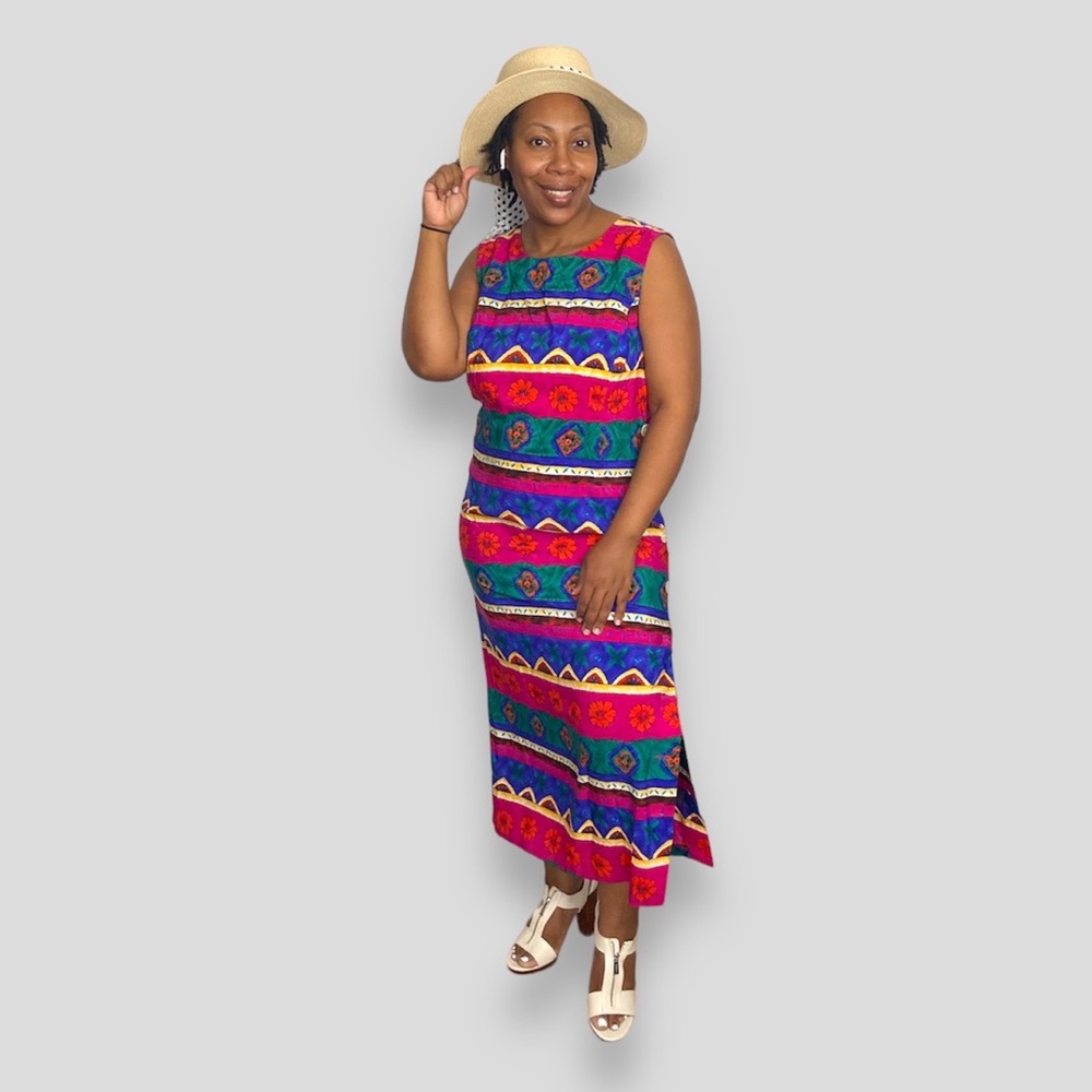 Kathie Lee Dress Vintage Sleeveless Caribbean Floral Maxi